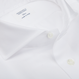 Close-up of a crisp white cotton Mazzarelli White Cotton Twill Cutaway Slim Shirt, showing the collar, buttons, and label indicating "Made in Italy.
