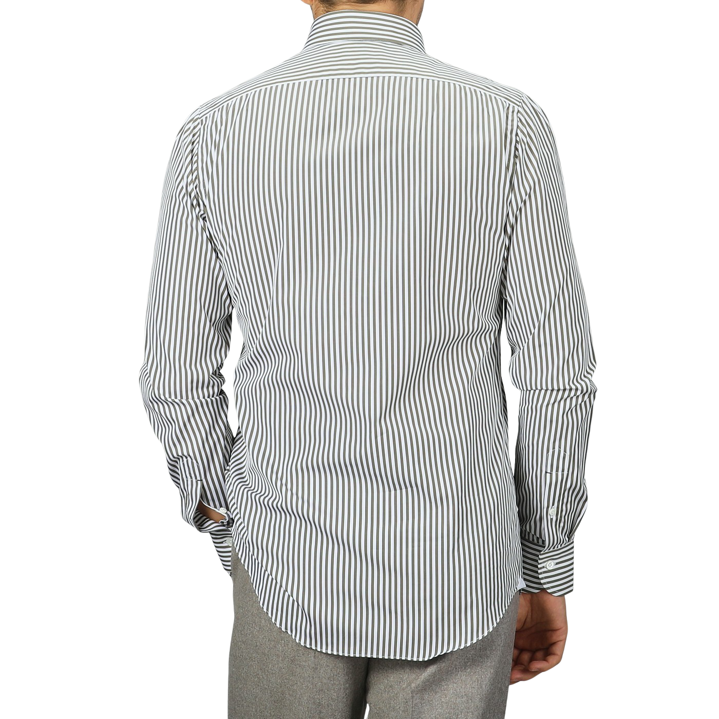 A person dressed in a white and green striped shirt from Mazzarelli, an Italian shirtmaker, faces away. The pure cotton shirt is tucked into gray pants.