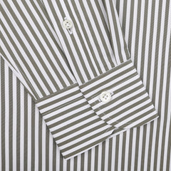 Close-up of a sleeve from the Mazzarelli White Green Striped Cotton BD Slim Shirt, showcasing its vertical green and white stripes in pure cotton, complete with a cuff and pristine white buttons.