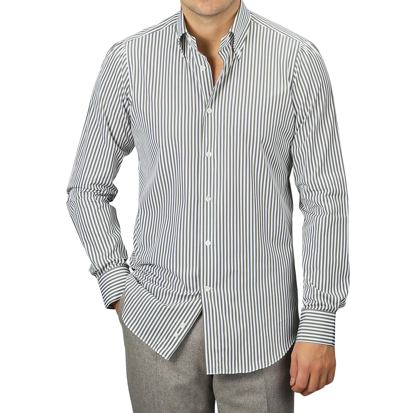 A man dressed in a White Green Striped Cotton BD Slim Shirt by Mazzarelli, styled with gray pants and one hand in his pocket.