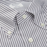 A close up of a Mazzarelli White Grey Vintage Striped Cotton BD Slim Shirt.