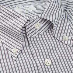 A close up of a Mazzarelli White Grey Vintage Striped Cotton BD Slim Shirt.