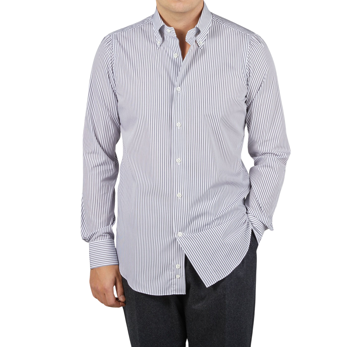 Mazzarelli, an Italian shirtmaker, creates a stylish White Grey Vintage Striped Cotton BD Slim Shirt for a man.