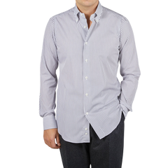 Mazzarelli, an Italian shirtmaker, creates a stylish White Grey Vintage Striped Cotton BD Slim Shirt for a man.