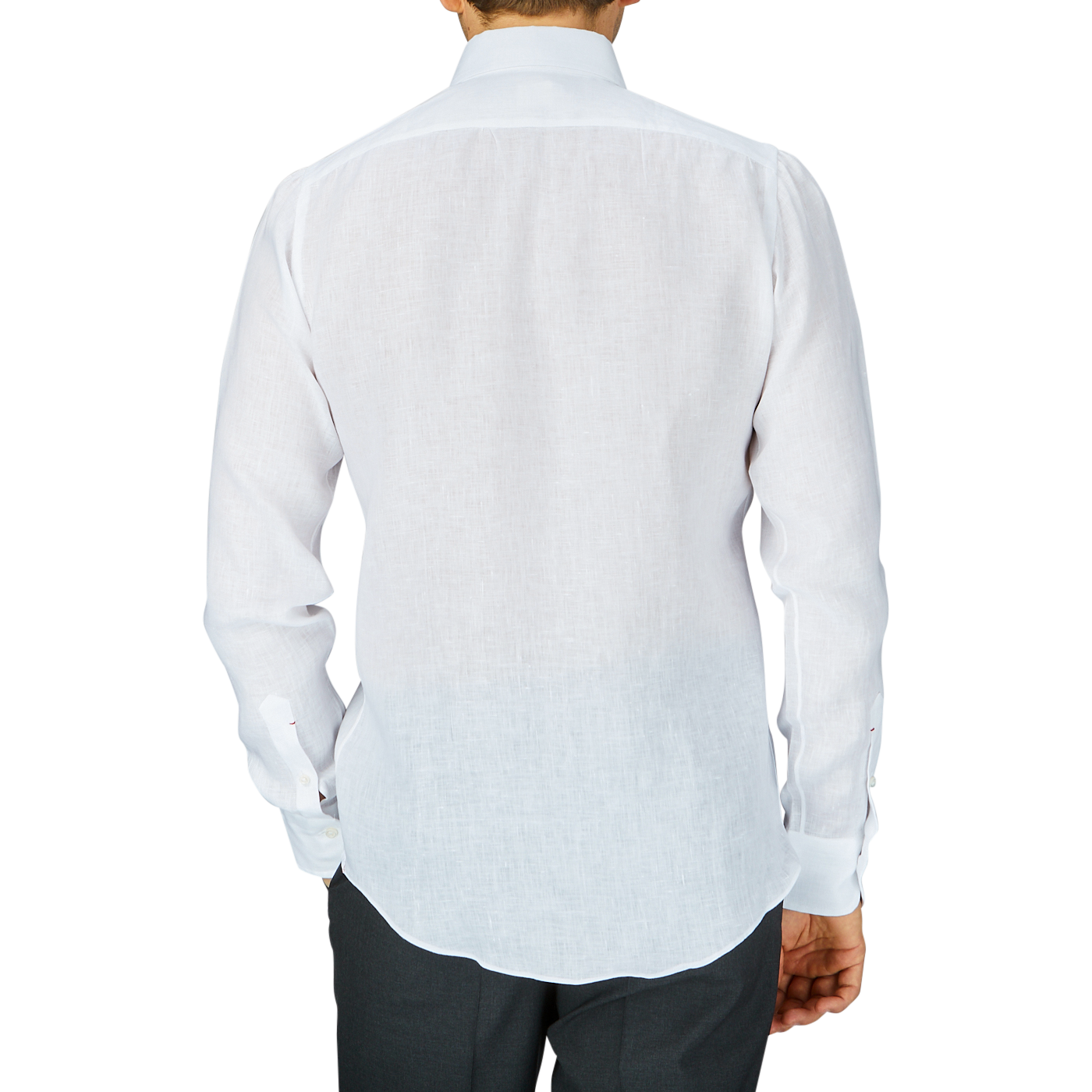 Man wearing a Mazzarelli White Organic Linen BD Slim Shirt seen from the back.