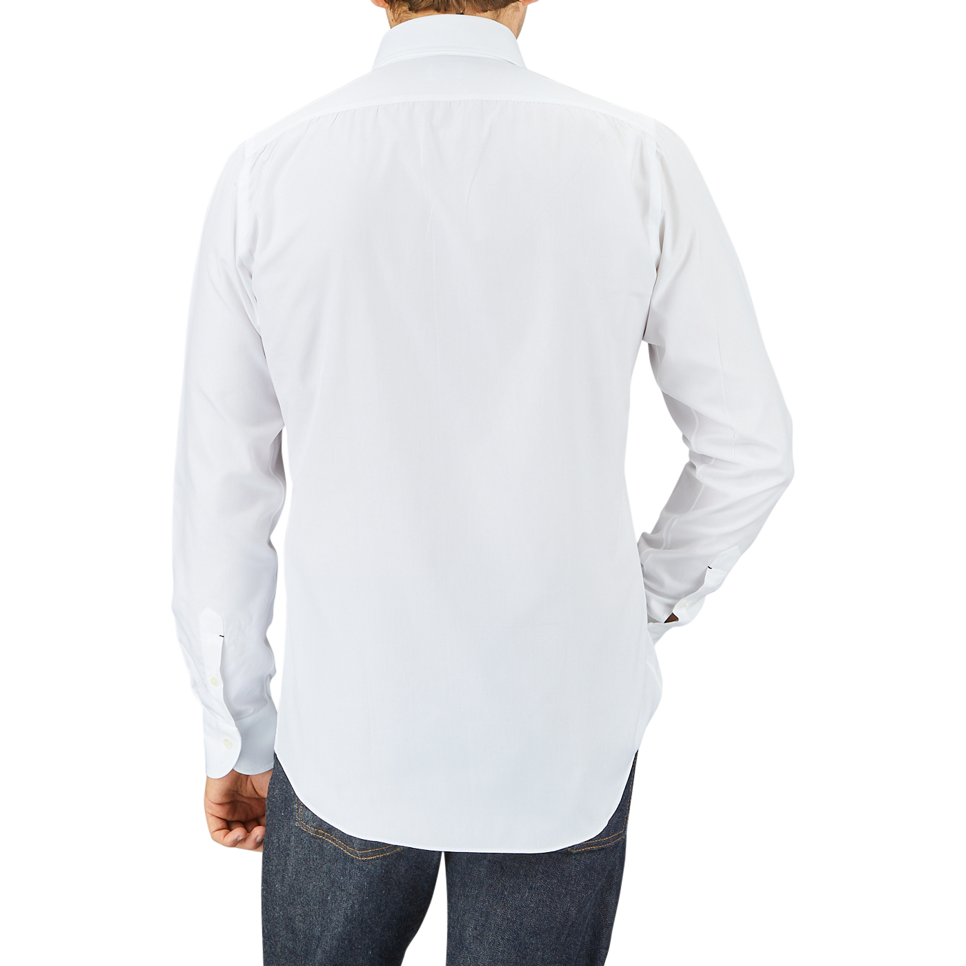 Man in a Mazzarelli White Royal Oxford BD Slim Shirt and blue jeans, viewed from behind.
