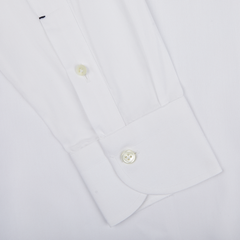 Close-up of a Mazzarelli White Royal Oxford BD Slim Shirt cuff with two buttoned buttons.