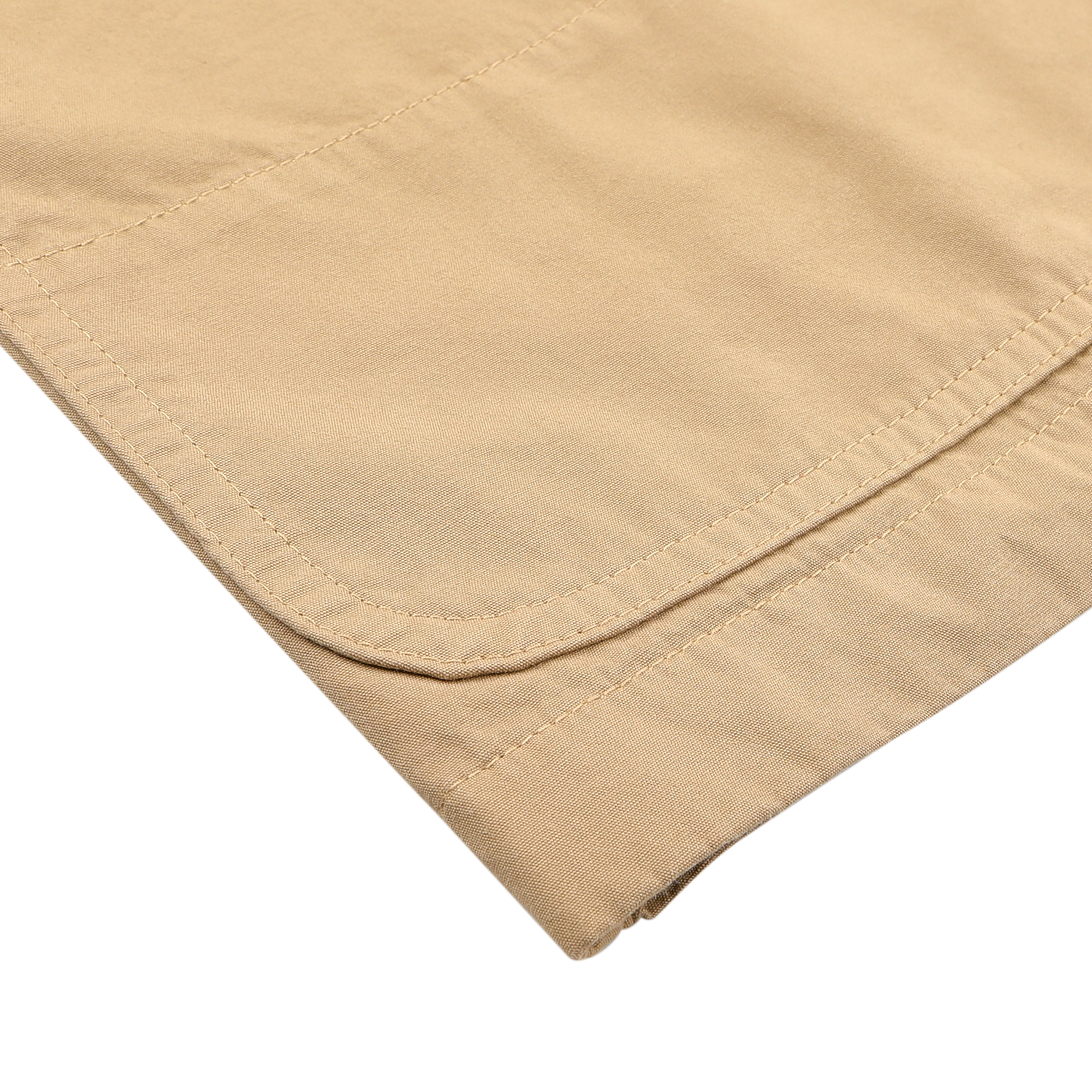 Close-up of the hem of a Merz b. Schwanen Khaki Beige Cotton Poplin 02 Jacket, highlighting intricate stitching and a folded edge on a white background.