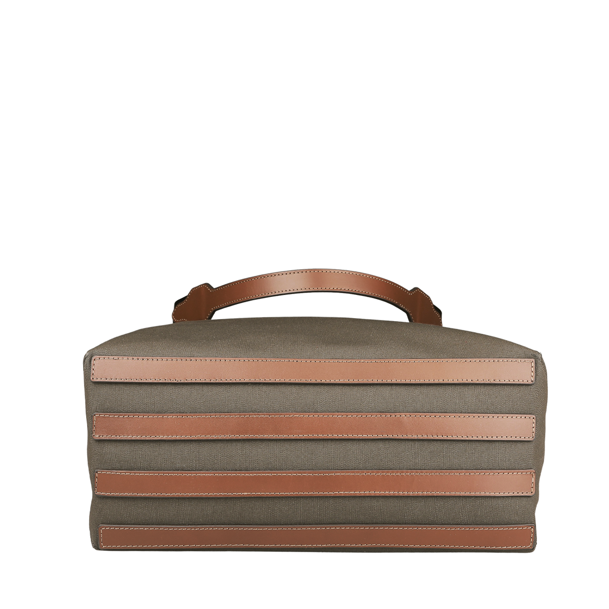 The Mismo Army Cuoio M/S Canvas Verve Tote Bag features a taupe rectangular design with urban flair, incorporating four tan full-grain leather straps and a top leather handle.