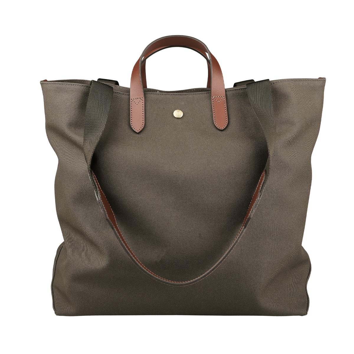 The Army Cuoio M/S Canvas Verve Tote Bag by Mismo is a large olive green tote crafted from cotton canvas with brown leather handles and a brass button, perfect for those who desire urban bags with classic leather accents.