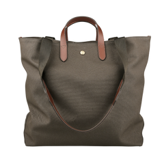 The Army Cuoio M/S Canvas Verve Tote Bag by Mismo is a large olive green tote crafted from cotton canvas with brown leather handles and a brass button, perfect for those who desire urban bags with classic leather accents.