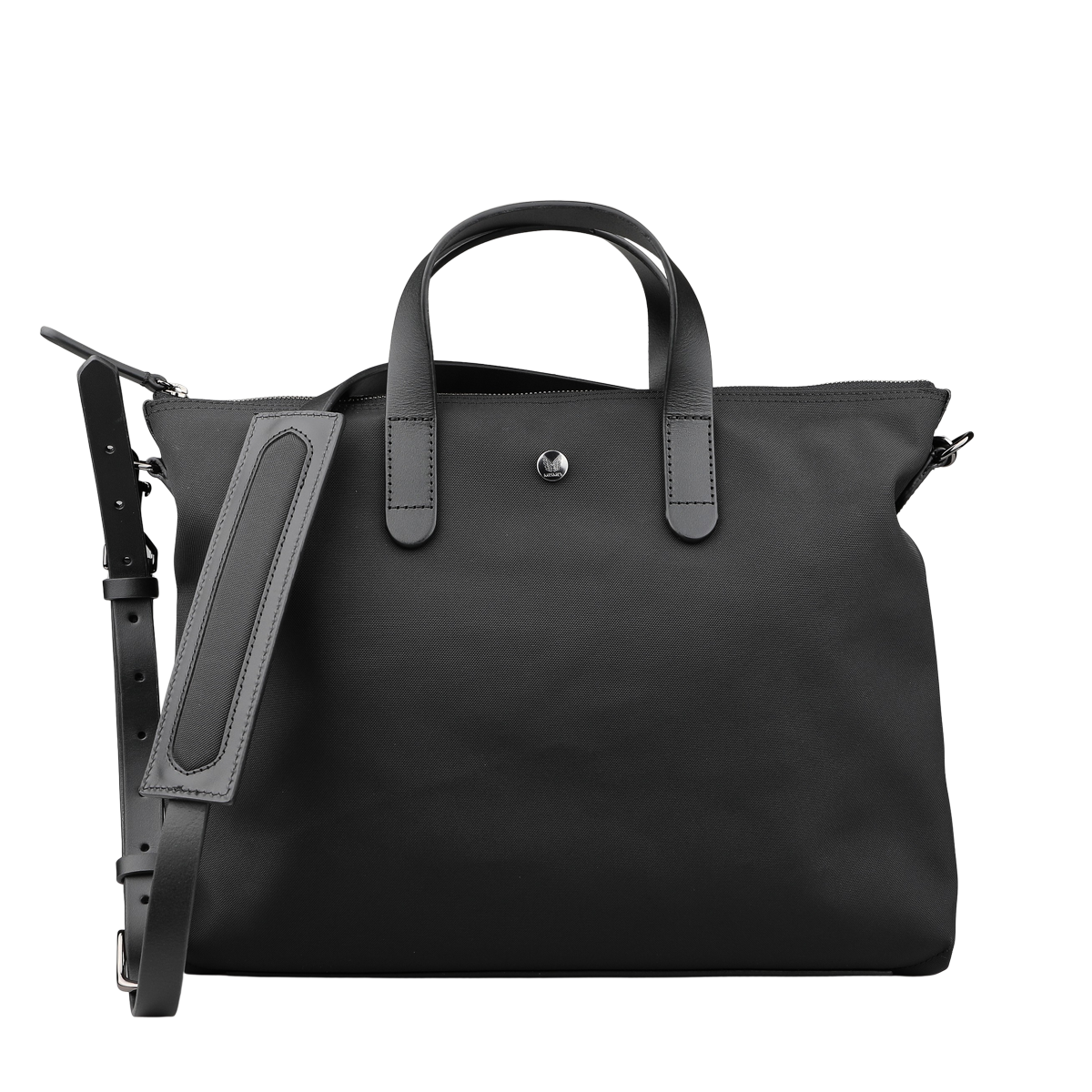 The Eclipse Black M/S Nylon Brief by Mismo is a black tote bag made from durable ballistic nylon, complete with short handles, a detachable shoulder strap, and discreet button detailing on the front.