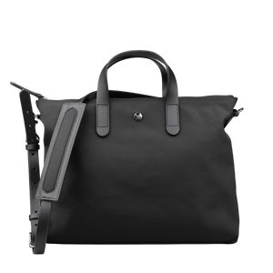 The Eclipse Black M/S Nylon Brief by Mismo is a black tote bag made from durable ballistic nylon, complete with short handles, a detachable shoulder strap, and discreet button detailing on the front.