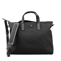 The Eclipse Black M/S Nylon Brief by Mismo is a black tote bag made from durable ballistic nylon, complete with short handles, a detachable shoulder strap, and discreet button detailing on the front.