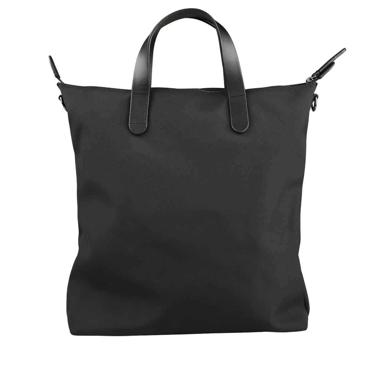 The Eclipse Black M/S Nylon Shopper by Mismo is a black tote bag featuring ballistic nylon construction, leather handles, a zipper closure, and a minimal design set against a plain background.