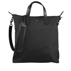 The Eclipse Black M/S Nylon Shopper by Mismo is a black tote bag made from smooth ballistic nylon, with two handles and an adjustable shoulder strap, all set against a neutral background.