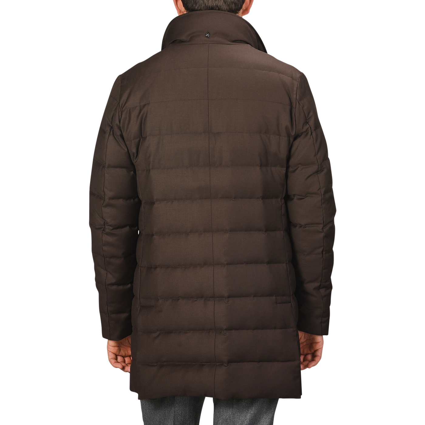 Back view of a person wearing a Montecore Brown Super 120s Wool Batavia Padded Coat with a high collar. Only the upper body is visible against a neutral gray background.