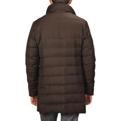 Back view of a person wearing a Montecore Brown Super 120s Wool Batavia Padded Coat with a high collar. Only the upper body is visible against a neutral gray background.