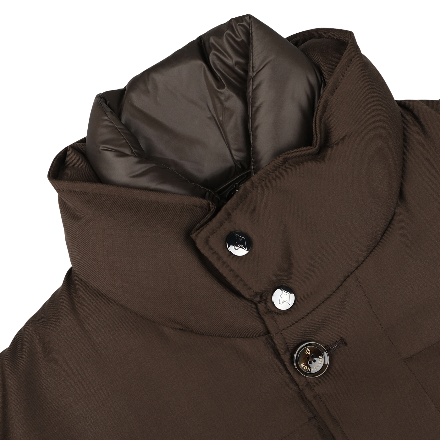 Close-up of the Montecore Brown Super 120s Wool Batavia Padded Coat, showcasing a brown winter design with a high padded collar and visible buttons. The collar lining is made of a shiny, dark material, embodying the elegance typical of Italian outerwear.