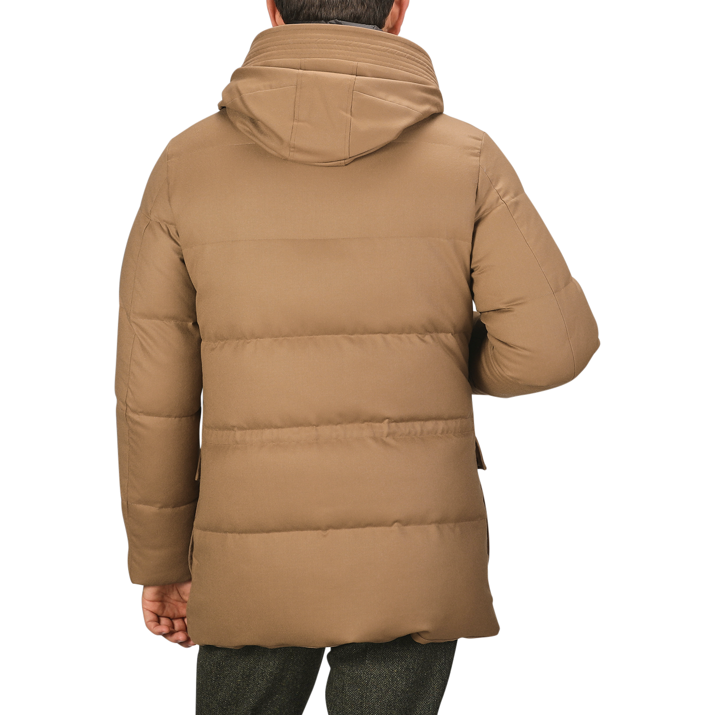 A person is wearing a Camel Beige VBC Wool Flannel Padded Parka with a hood, viewed from the back. This stylish piece, crafted by Montecore, showcases the excellence of Italian outerwear specialists.