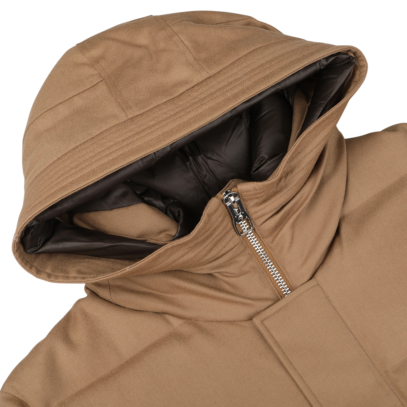 Close-up of a Camel Beige VBC Wool Flannel Padded Parka by Montecore with a partially unzipped front, revealing a dark inner lining. The hood is laid flat, showcasing the craftsmanship of this Italian outerwear specialist.