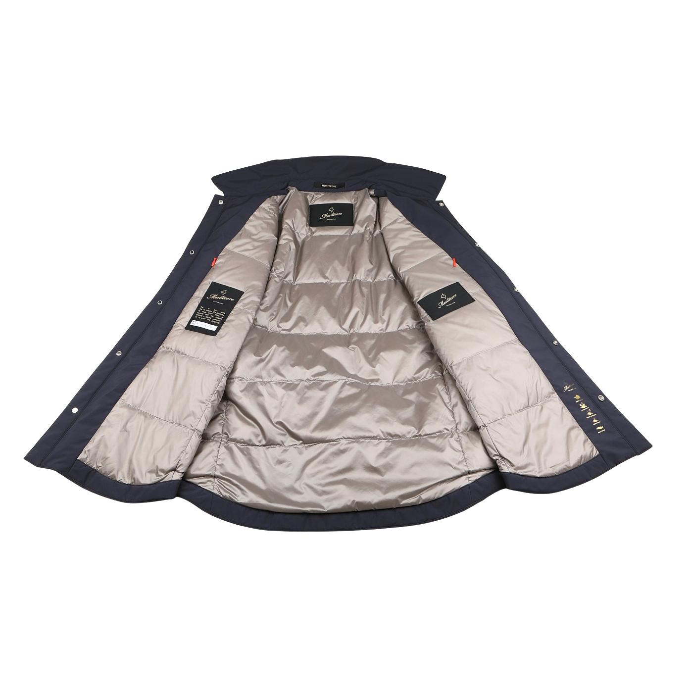 This Montecore Dark Blue Light Down Waterproof Shirt Jacket, with a beige interior, is laid flat on a white surface, showcasing its impeccable labels and tags.