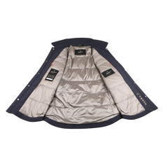 This Montecore Dark Blue Light Down Waterproof Shirt Jacket, with a beige interior, is laid flat on a white surface, showcasing its impeccable labels and tags.