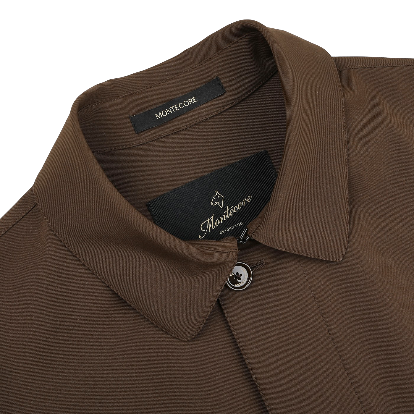 The Montecore Dark Brown Aéro Twill Car Coat, reminiscent of fine Italian outerwear, has a classic collar and button closure and is laid flat on a white surface.