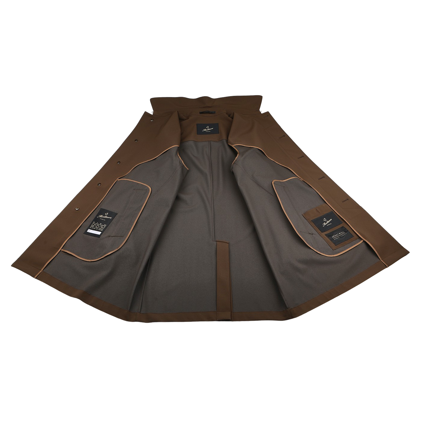 The Dark Brown Aéro Twill Car Coat by Montecore is shown open, showcasing a sleek gray interior lining with multiple inside pockets, epitomizing the finest Italian outerwear craftsmanship.