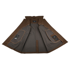 The Dark Brown Aéro Twill Car Coat by Montecore is shown open, showcasing a sleek gray interior lining with multiple inside pockets, epitomizing the finest Italian outerwear craftsmanship.