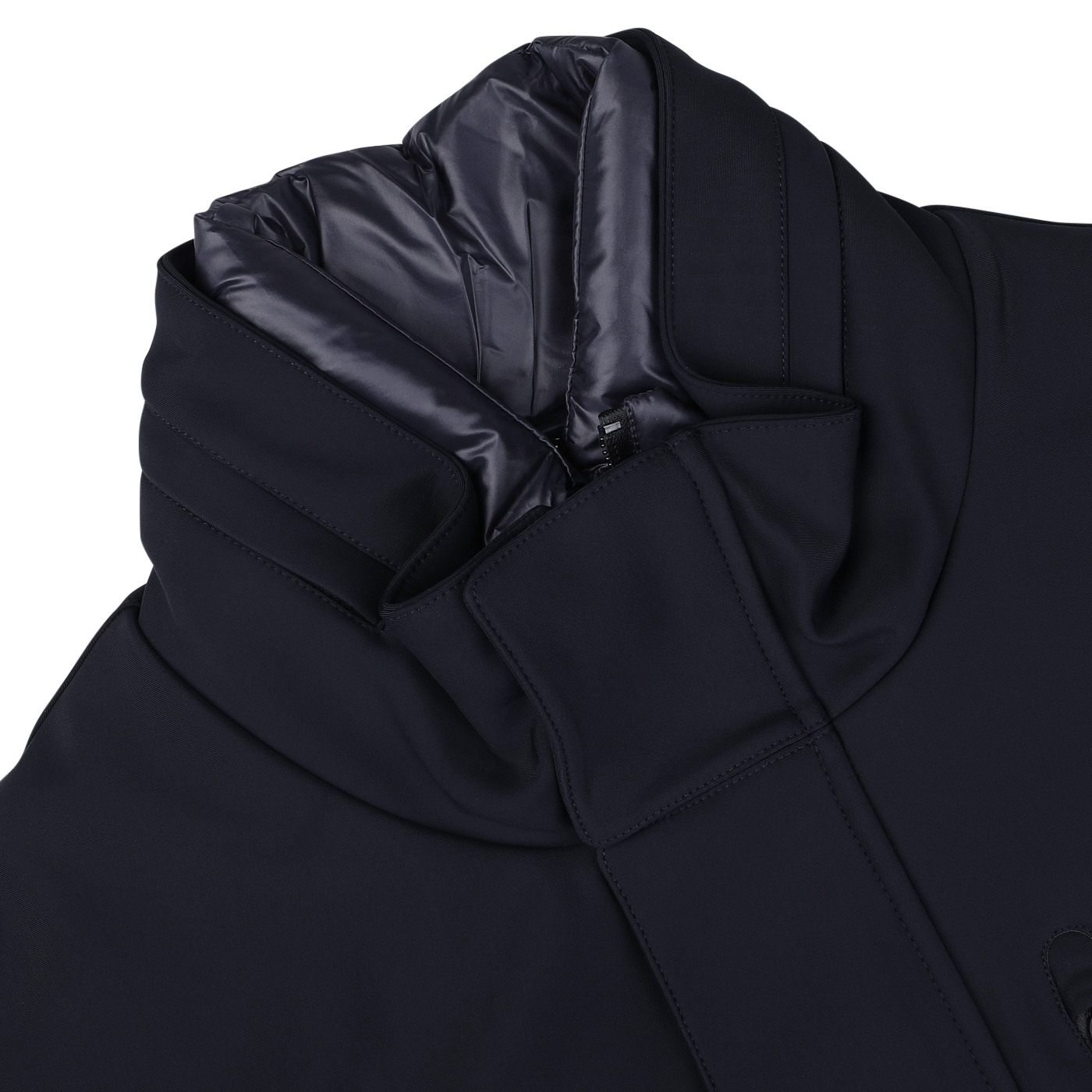 A close-up view of the Montecore Navy Blue Nylon Technical Padded Car Coat, featuring a high padded collar and a zippered closure. The durable technical nylon outer is complemented by an inner lining made of shiny fabric.