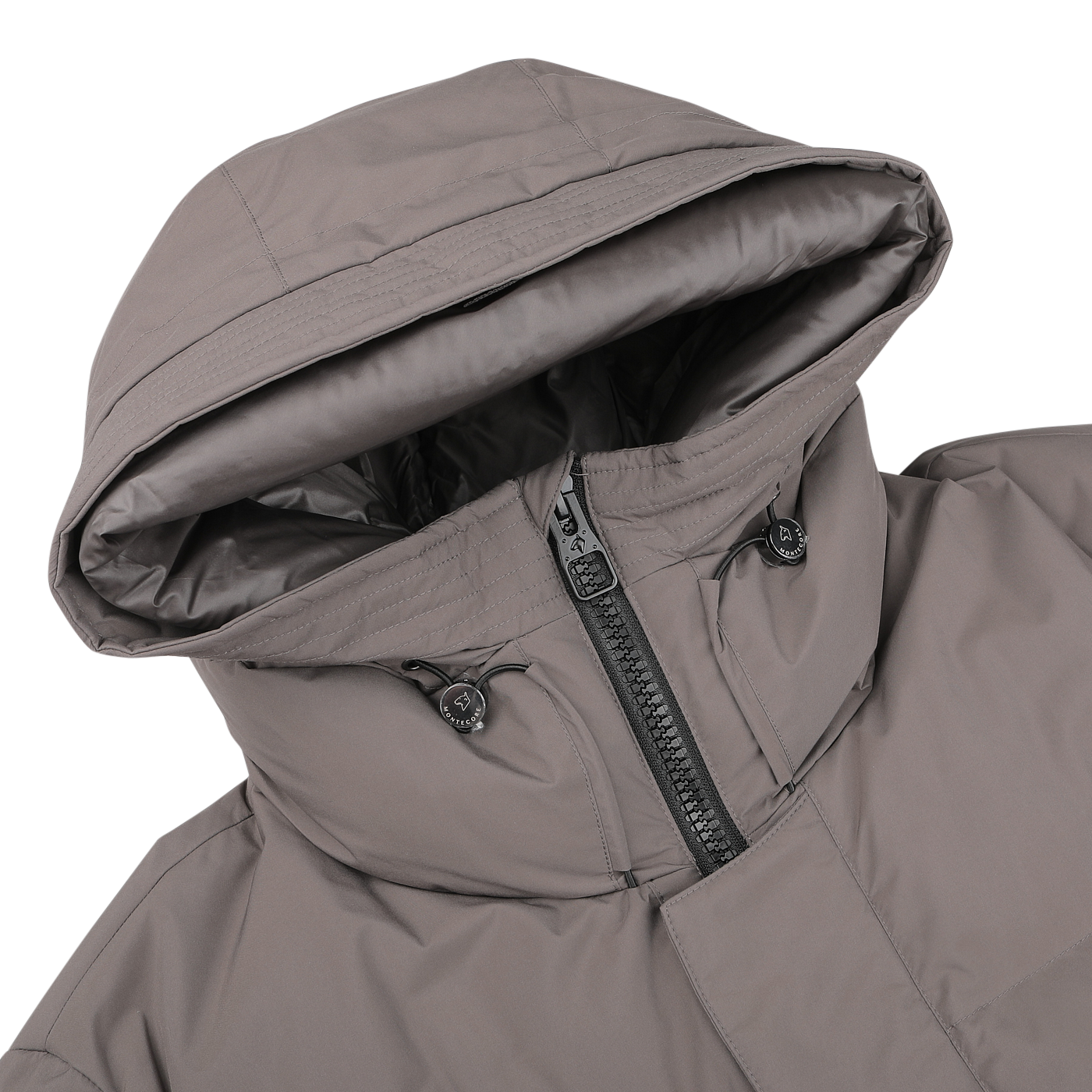 Close-up of the Taupe Beige Nylon Down Padded Parka by Montecore, featuring a front zipper, hood, and adjustable drawstrings. The material appears to be insulated for warmth.