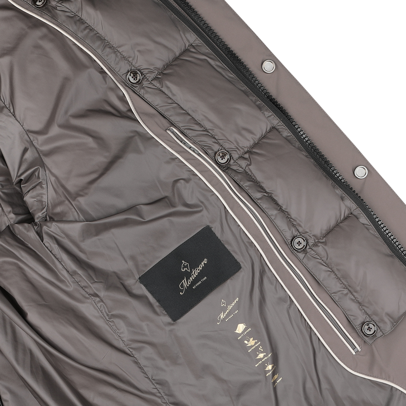 Close-up of the inside of the Taupe Beige Nylon Down Padded Parka by Montecore, showcasing a branded label, several button closures, a zipper, and detailed lining.