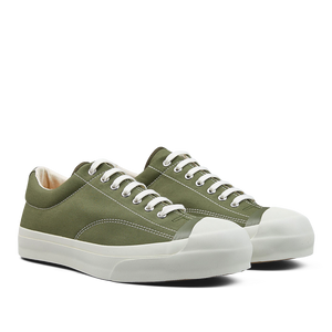 A pair of Olive Green Nylon Gym Court Sneakers with white laces and rubber soles by Moonstar.