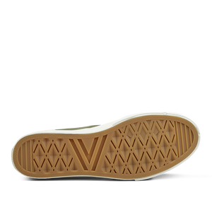 Sole of a Moonstar Olive Green Nylon Gym Court sneakers displaying a herringbone tread pattern.