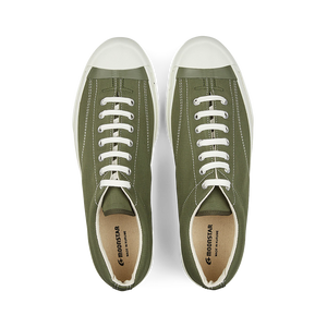 A pair of olive green nylon gym court sneakers with Moonstar white laces and rubber soles.