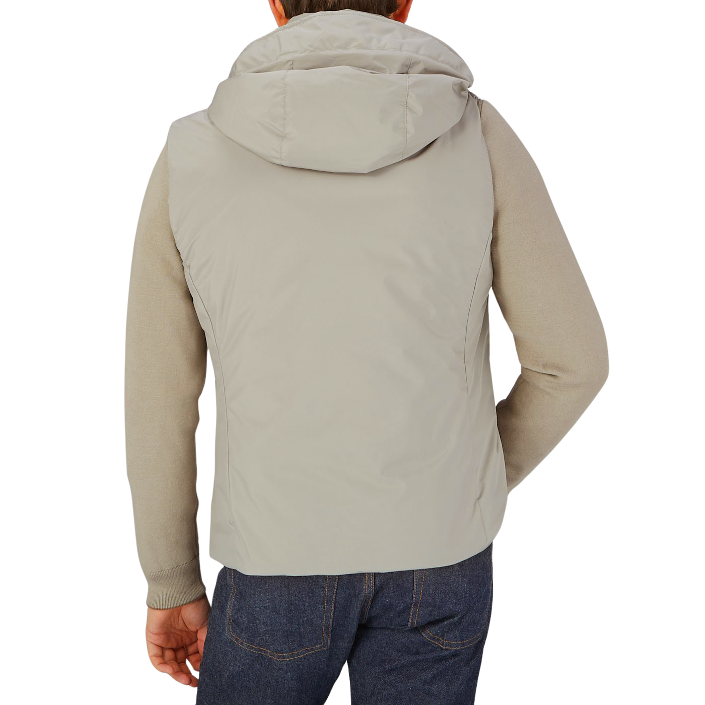 The back view of a man wearing a Moorer Beige Down Padded Knitted Sleeve Bomber.