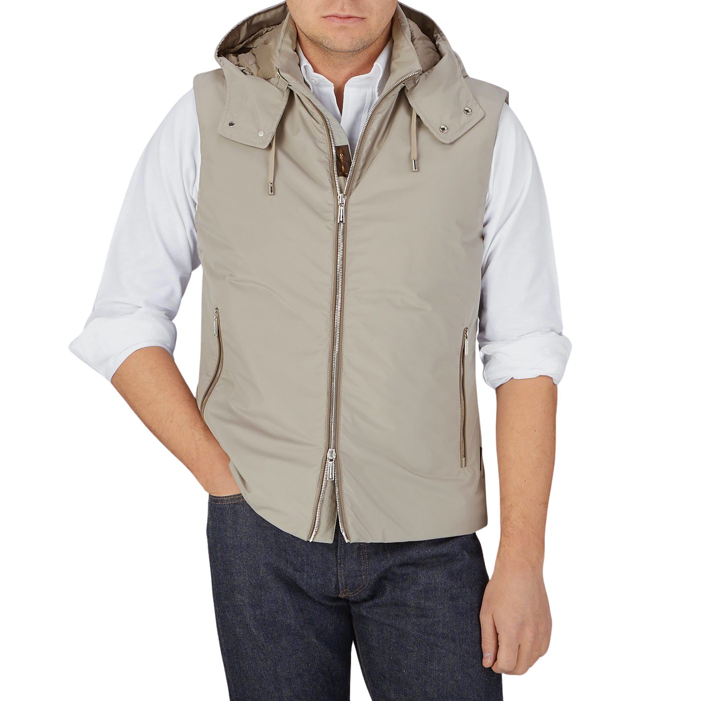 A man wearing a Moorer Beige Down Padded Knitted Sleeve Bomber.