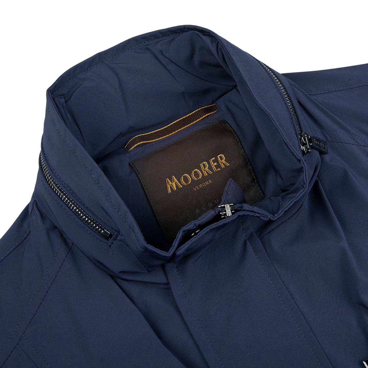 A Dark Blue Lightweight Nylon field jacket with the word Moorer on the back.