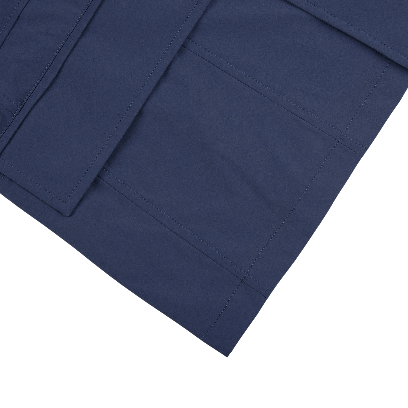 A close up of a Moorer Dark Blue Lightweight Nylon Field Jacket with pockets.