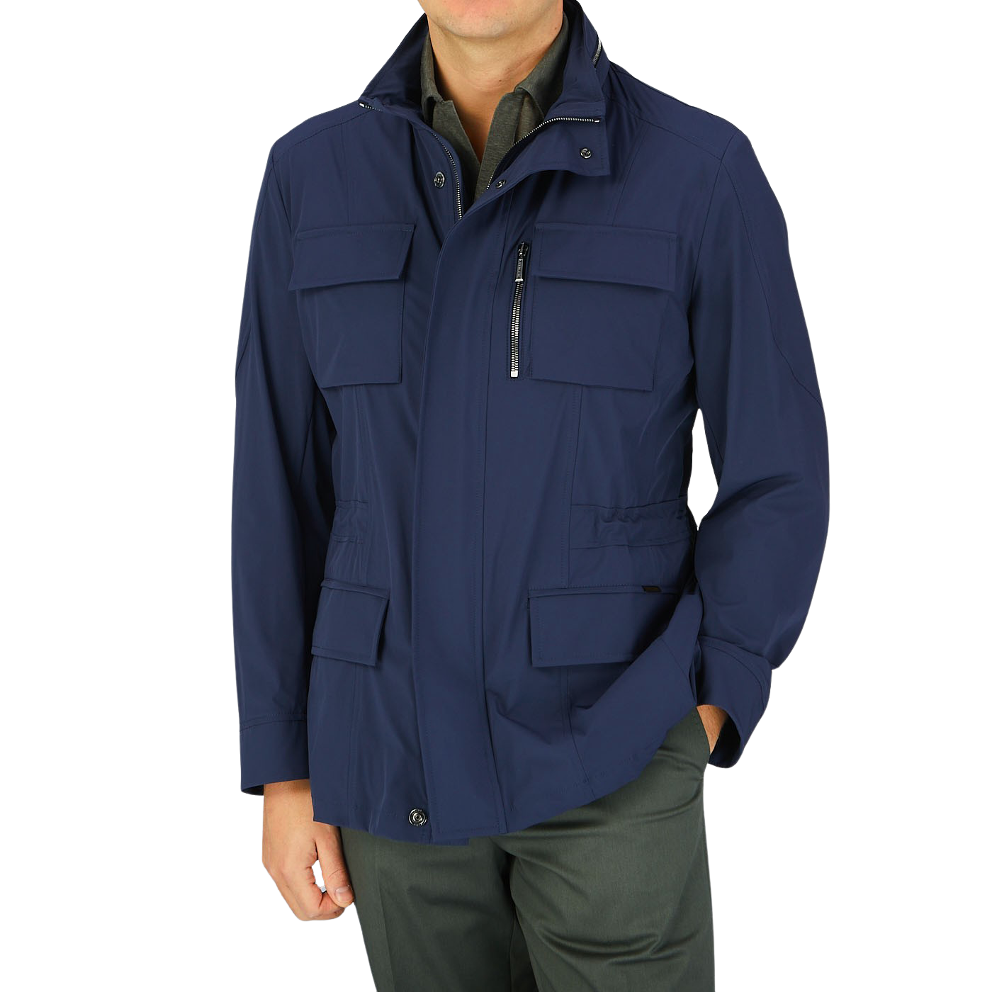 A man wearing the Moorer Dark Blue Lightweight Nylon Field Jacket.