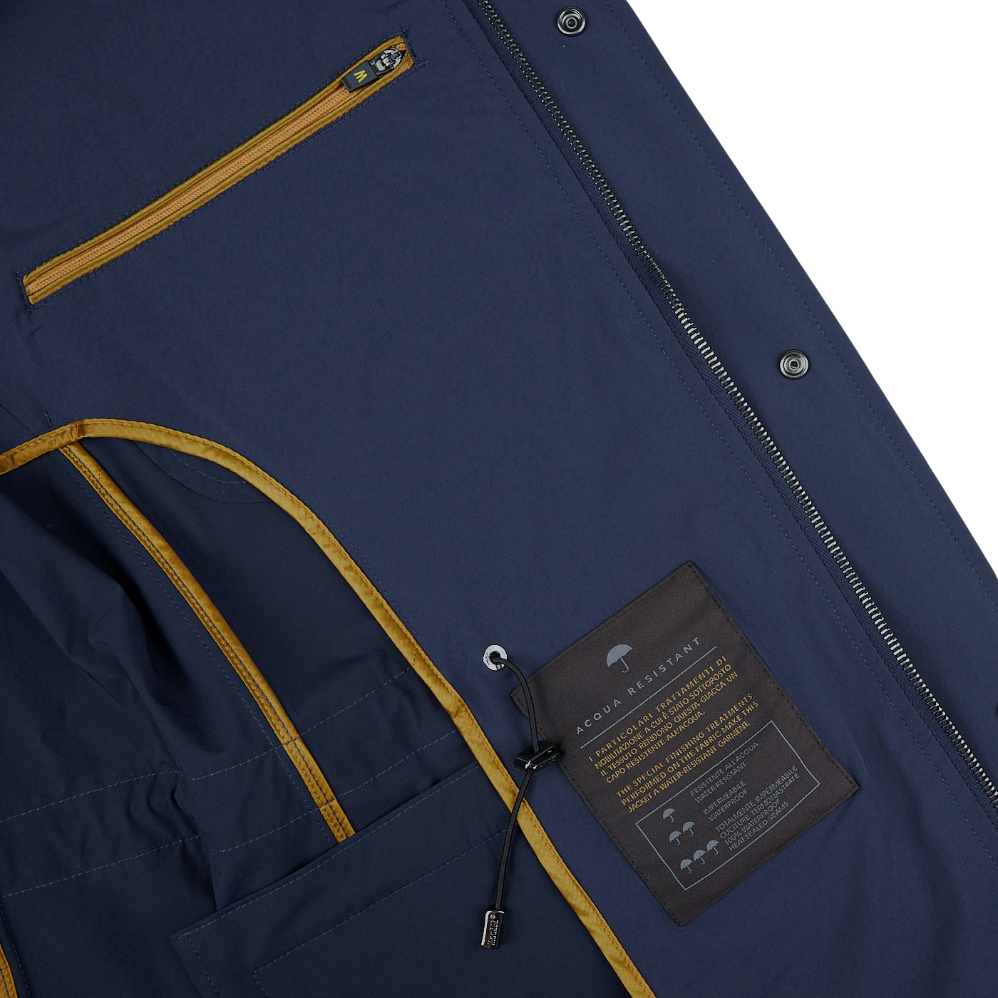 A Moorer Dark Blue Lightweight Nylon Field Jacket with a zippered pocket.