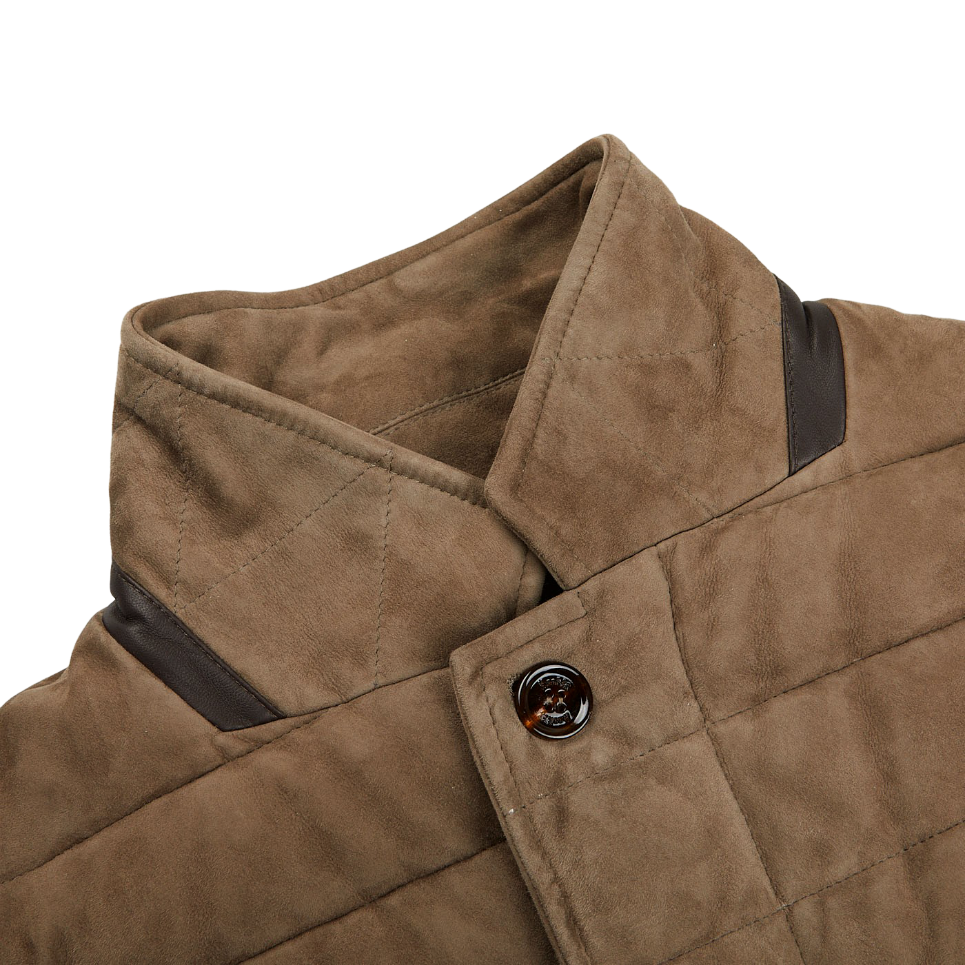 A close up of a Moorer Dark Taupe Suede Leather Down Padded Jacket showcasing exquisite craftsmanship.