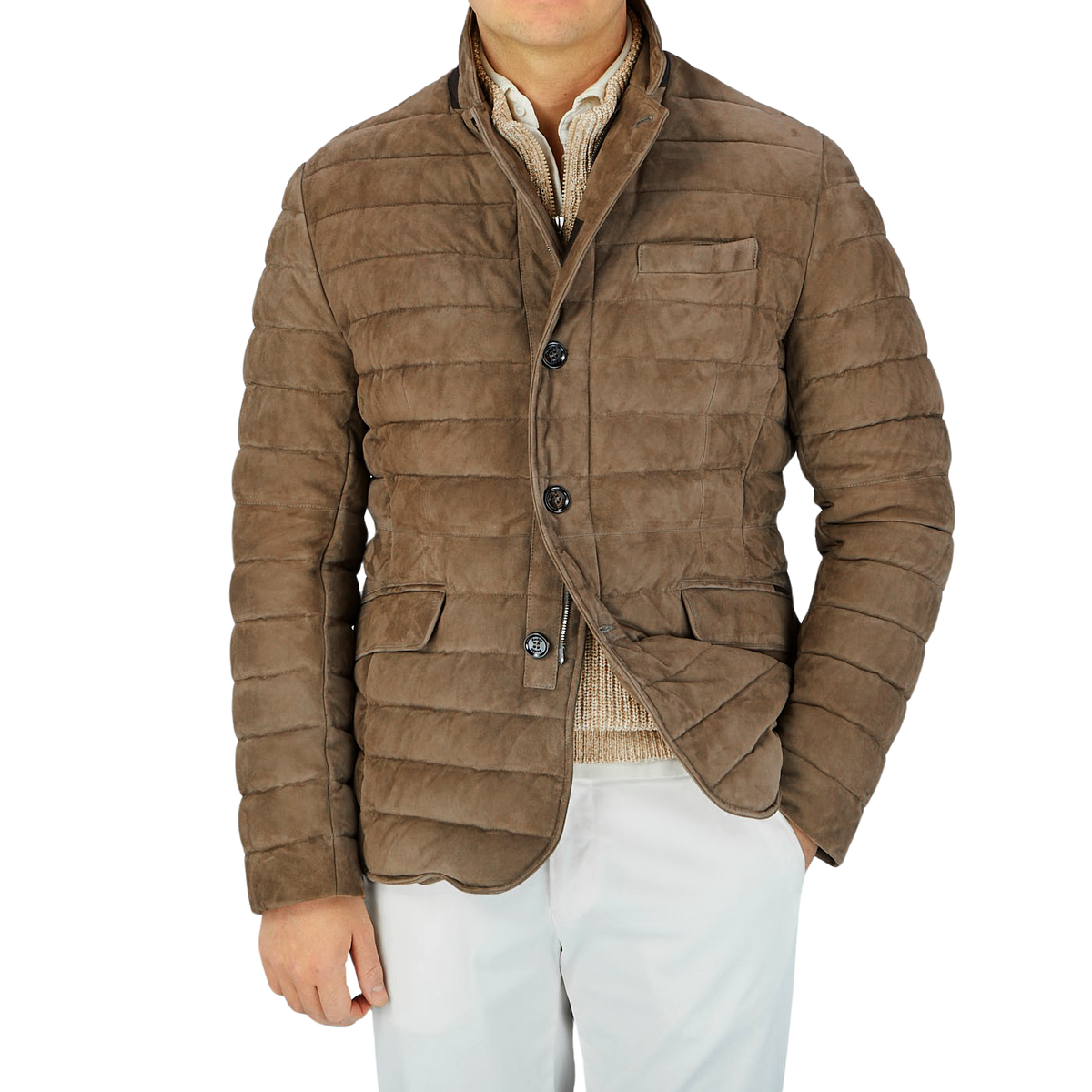 A man wearing a Moorer Dark Taupe Suede Leather Down Padded Jacket and white pants, showcasing craftsmanship.