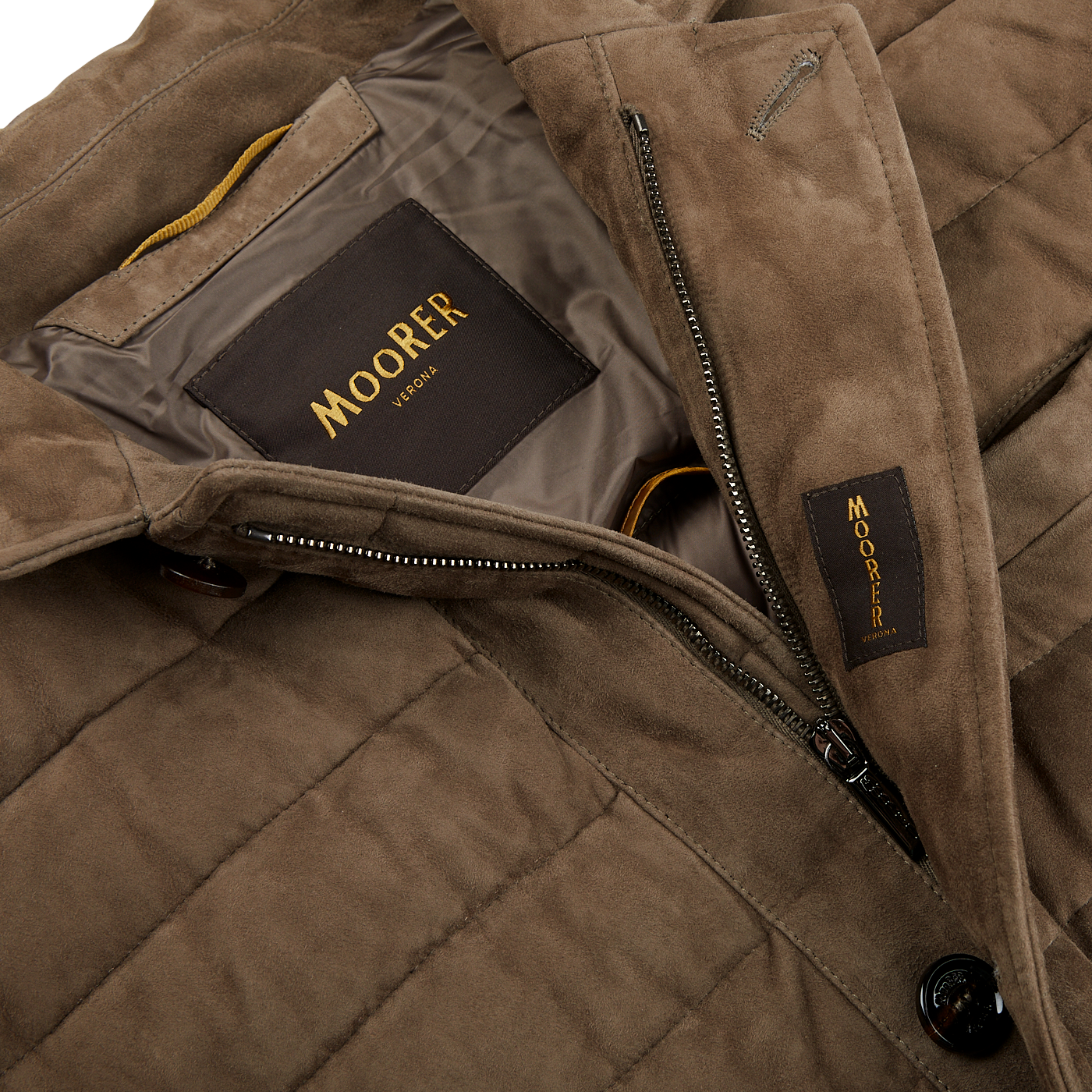 A close up of a Dark Taupe Suede Leather Down Padded Jacket by Moorer, showcasing Italian craftsmanship.