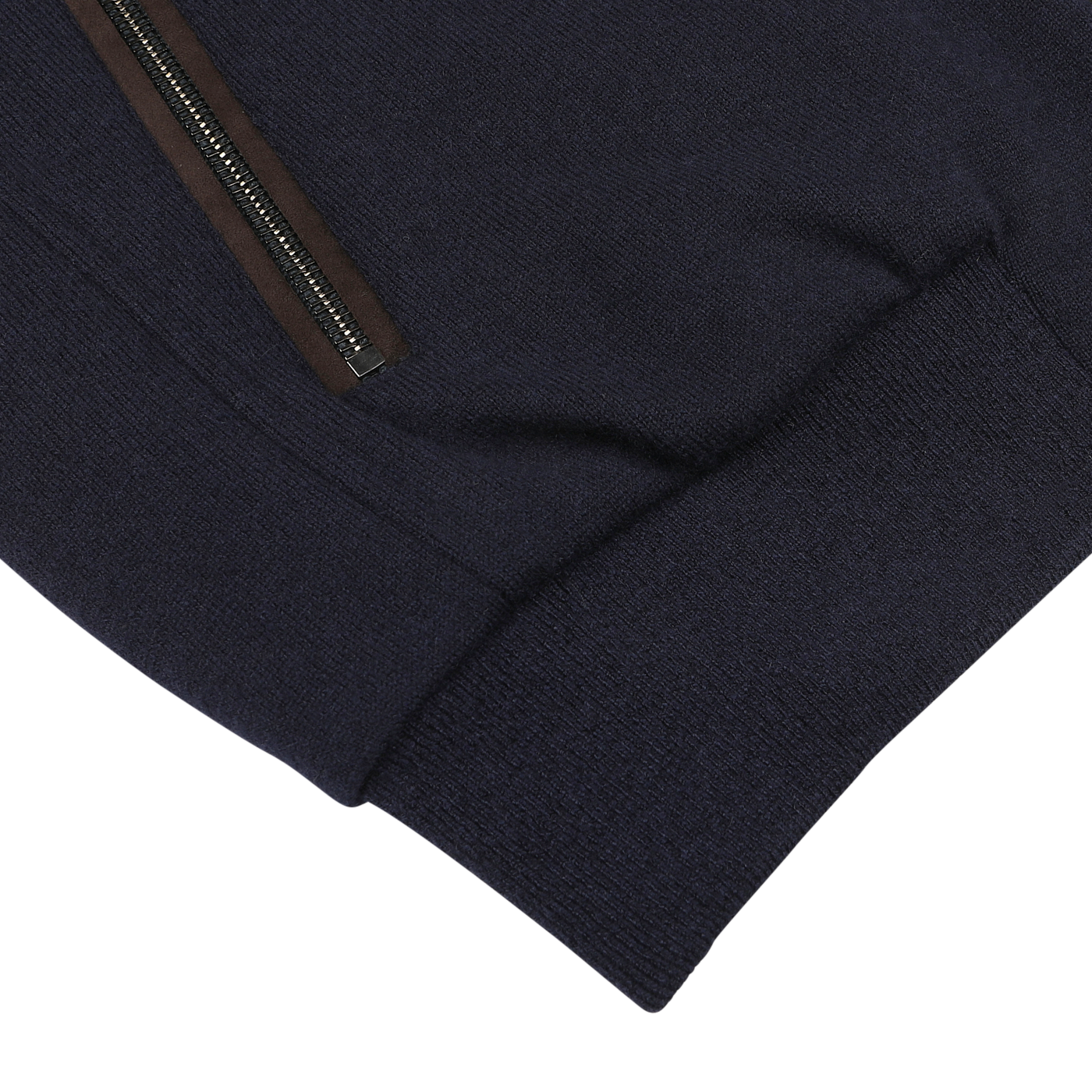 Close-up of the sleeve and a zippered pocket of the Navy Blue Cashmere Blend Down Padded Blouson from Moorer. The zipper is accentuated with brown trim, showcasing the quality of Italian outerwear craftsmanship.