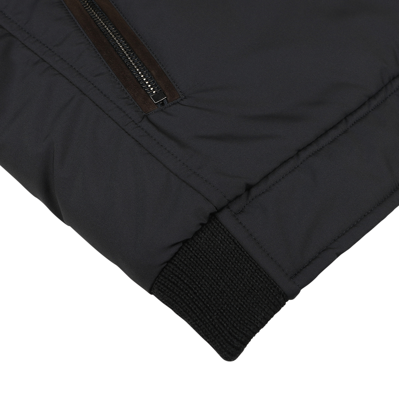 Close-up of a Navy Blue, water-repellent jacket sleeve from the Moorer Nylon Down Padded Blouson, featuring a visible zipper and rib-knit cuff.