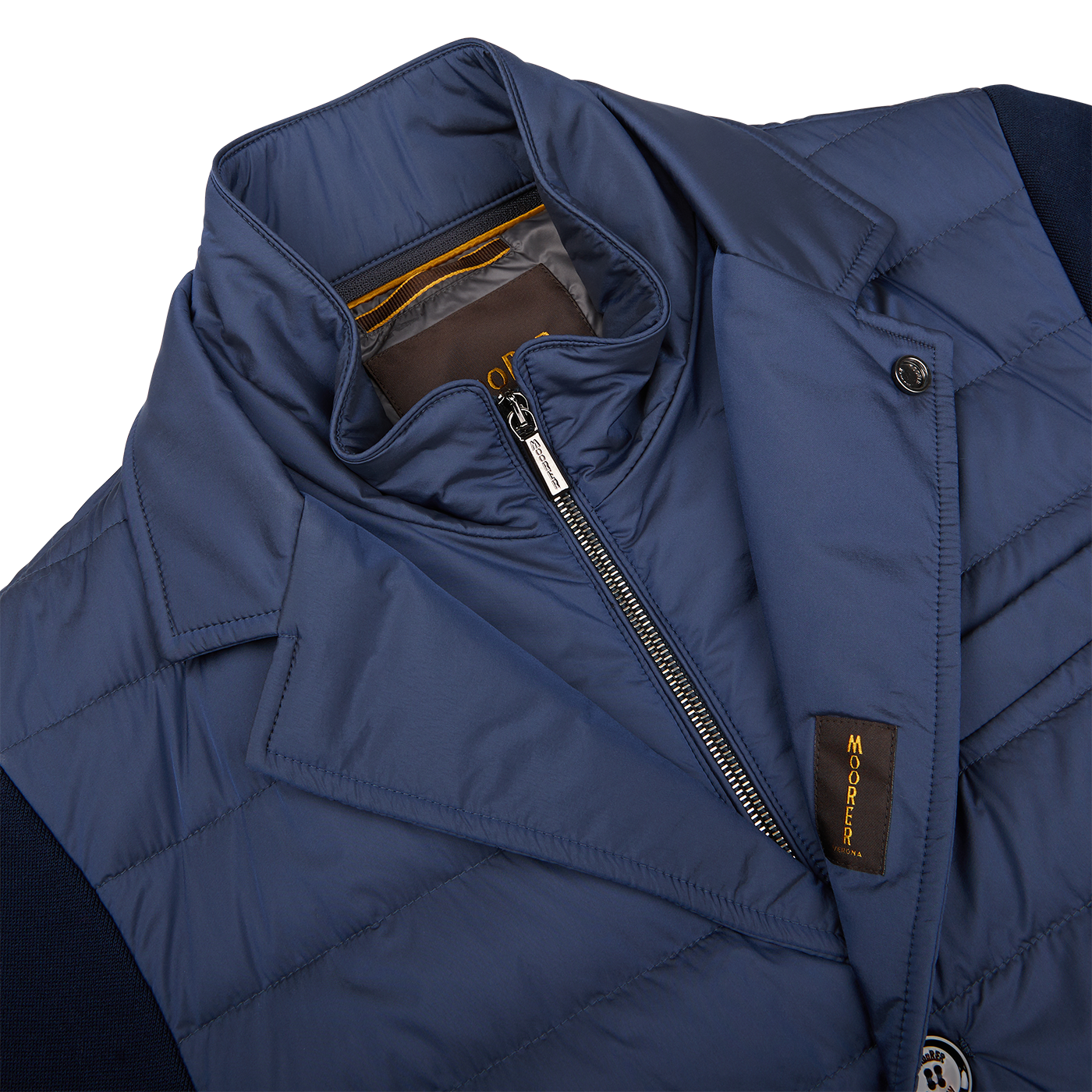 The men's Moorer Ocean Blue Nylon Knitted Sleeve Quilted Jacket.