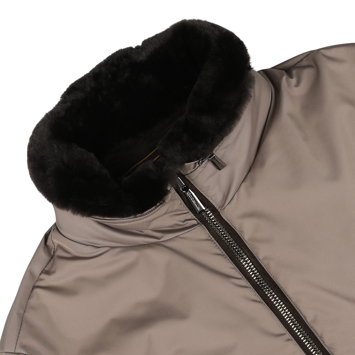 Close-up of the Moorer Taupe Beige Nylon Down Padded Blouson featuring a high, black fur-lined collar and a vertical zipper partially open. Crafted from technical nylon and insulated with goose down for superior warmth and style.