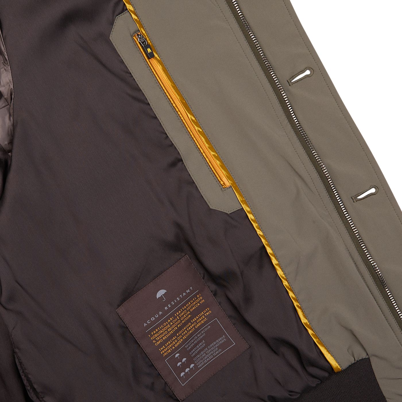 Close-up of a partially unzipped Moorer Olive Green Technical Nylon Blouson, made of wind-resistant technical nylon, with a yellow inner lining and a care label visible.